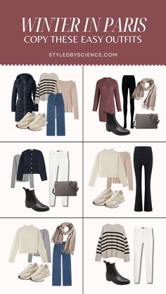 What to pack for Paris in the winter time. Stay warm while looking chic with these core pieces to help you look like a classic Parisian during your time in the city of lights. I also share some pro-packing tips on items you didn't think you needed to stay warm and comfortable during your trip. Master the art of Parisian style with this capsule wardrobe travel guide! Winter Clothes For Europe, Winter Outfits Carry On, Dress Like A Parisian Winter, Winter Europe Capsule Wardrobe, Travel London Outfit, European Winter Travel Capsule Wardrobe, Paris Fall Outfits Travel, Winter Packing Carry On, Paris November Outfit