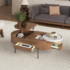 a living room with two couches and a coffee table in the middle on carpeted flooring