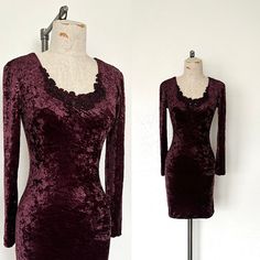 "- Vintage 1990's era All That Jazz velvet dress - 100% polyester, medium weight crushed velvet in dark burgundy - Scoop neckline with beaded lace applique trim  - Long fitted sleeves - Fitted bodycon shape, falls above the knee in length SIZE: Label says Small, Fits like a Small LABEL: All That Jazz, Made in Philipinnes MEASUREMENTS: Chest 36\", Waist 27\", Hips 35\", Shoulder to shoulder 17 1/2\", Sleeve length 23\", Shoulder to bottom hem 35 1/2\" CONDITION: Overall great condition. No visible marks or flaws to note. *See the rest of my shop here: valleygirlphx.etsy.com" Fitted Crushed Velvet Party Dress, Elegant Fitted Crushed Velvet Dress, Crushed Velvet Dress, Knitted Cape, Fitted Sleeves, Dark Burgundy, All That Jazz, Cocktail Party Dress, Burgundy Dress