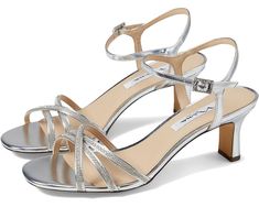 Silver Short Heels, Party Sandals With Almond Toe And Reinforced Heel, Party Sandals With Reinforced Heel And Almond Toe, Synthetic Almond Toe Sandals For Formal Occasions, Silver Shoes High Heels, Prom Shoes Low Heeled, Prom Aesthetic, Homecoming Shoes, Shoe Designs