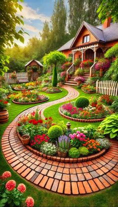 a garden with lots of flowers and plants in the center, surrounded by brick walkways