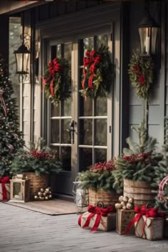 christmas trees and presents are on the porch