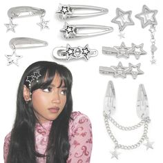 PRICES MAY VARY. Package Contain - Our silver star hair clips include 8 styles, 10pcs in total. You can mix and match as needed to create a unique style Y2K Fashion Style - These silver star clips are excellent Y2K hair accessories for girls. The rich shapes are suitable for various hair types Easy to Combine - These star shaped hair clips can be easily combined with other silver hair accessories or jewelry to create a personalized look Wide Occasions - These y2k hair clips can be worn for many Cute White Hair Accessories, Cool Hair Clips Accessories, Hair Accessories Y2k, Y2k Hairstyles Hairclips, Cute Hair Pins Aesthetic, Outfit Accessories Ideas Jewelry, Cute Clips For Hair, Cool Hair Accessories