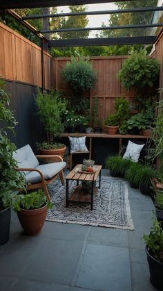 an outdoor patio with potted plants and furniture