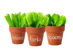 three potted plants with knives forks written on the top and spoons in each