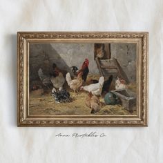 a painting of chickens and roosters in a barn