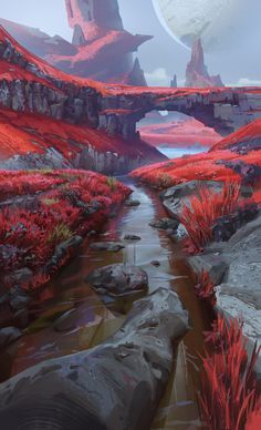 an image of a landscape with rocks and plants in the foreground, water flowing through it