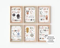 four star wars nursery art prints in wooden frames with the words,'we love you and