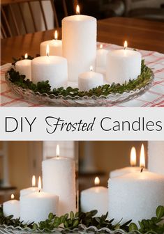 white candles are arranged on a glass plate with greenery around them and the words diy frosted candles above it