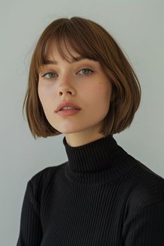 Chin-length bob with wispy bangs for a modern look Bob Side Part, Bob With Wispy Bangs, Modern Short Hair, Bobs With Bangs, Medium Length Haircut With Layers, Haircut With Layers, Modern Short Hairstyles, Chic Short Haircuts