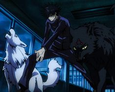 an anime scene with two wolfs and one man in the foreground looking at something