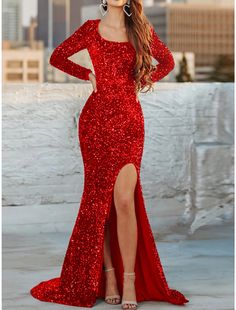 Women's Red Christmas Party Dress New Year's Eve Dress Sparkly Sequin Dress Long Dress Red Long Sleeve Sequins Square Neck Winter Dress Winter Prom Mini Dress With Long Sleeves, Long Sleeve Mini Dress For Winter Prom, Winter Long Sleeve Mini Dress For Prom, Winter Party Maxi Length Evening Dress, Winter Prom Maxi Dress, Red Evening Dress For Winter, Red Evening Dresses For Winter, Winter Party Floor-length Evening Dress, Red Long Sleeve Mini Dress For Prom