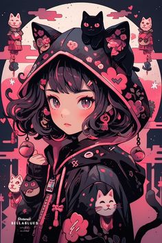 an anime character with black hair wearing a hoodie and holding a cat on her shoulder