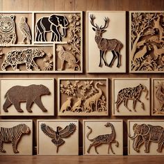 wooden cut out animals and birds on display