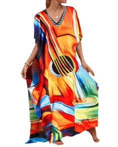 PRICES MAY VARY. Plus size kaftan cover ups for swimwear fits US size M-XXL, Bust:59.8" Length:51.6" Shoulder:34.2" Beautiful colors kaftan dress for women without being see-through Perfect weight-it is not sheer,it is not heavy.Made of lightweight fabric,comfy and roomy,washes and drys well This long cover up dress provides enough coverage from the sun,perfect for hot summer days when you are outside Great as a beautiful swimsuit cover and poolside loungewear,could be worn as summer dress for c Vibrant Print V-neck Kaftan For Beachwear, Tropical V-neck Beach Dress For Festival, Beachy Multicolor V-neck Maxi Dress, Multicolor Print V-neck Beach Dress, Multicolor V-neck Beach Dress With Vibrant Print, Multicolor V-neck Vibrant Print Beach Dress, Printed V-neck Beach Dress For Summer, Multicolor V-neck Beach Dress For Vacation, Multicolor V-neck Cover-up For Beach Party