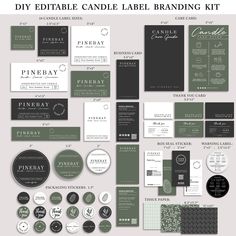 the diy editable candle label branding kit is shown in dark green and white