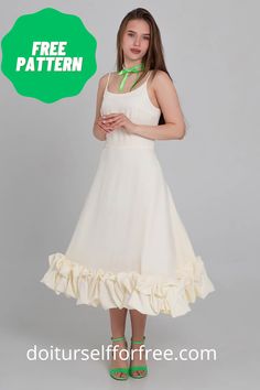 a girl in a white dress with green shoes and a free pattern on the bottom