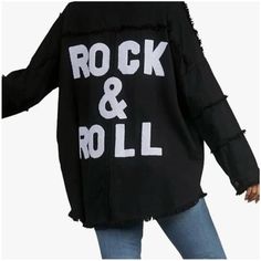 Rock & Roll Graphic On The Back. Featuring Vintage Distressing On The Sleeves, Pockets, And Hems The Jacket Runs Oversized Recommend Sizing Down If You Are In-Between Sizes. 100% Cotton Olive Trench Coat, Oversized Distressed Denim Jacket, Purple Trench Coat, Ruffled Denim Jacket, Green Khaki Jacket, Sleeveless Jean Jackets, Faux Jacket, Acid Wash Denim Jacket, Khaki Jacket