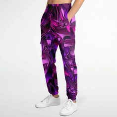 Pink and Purple Chromatic Melt Unisex Cargo Joggers (Fleece Lined) – BigTexFunkadelic Purple Athleisure Sweatpants With Elastic Waistband, Purple Relaxed Fit Sweatpants For Athleisure, Pink Cargo Pants With Elastic Waistband For Streetwear, Trendy Purple Sweatpants For Loungewear, Purple Bottoms With Elastic Waistband For Streetwear, Purple Streetwear Cargo Pants With Side Pockets, Streetwear Purple Bottoms With Side Pockets, Purple Streetwear Cargo Pants, Purple Cargo Pants For Streetwear