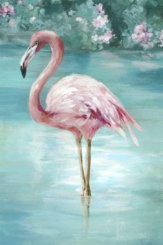 a painting of a pink flamingo standing in the water