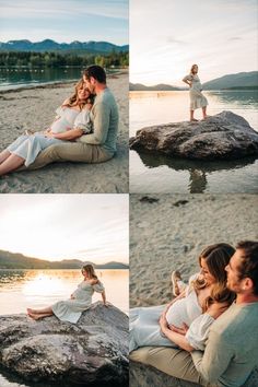 a man and woman sitting on top of a rock near the water while holding each other