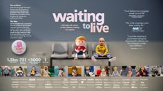 an advertisement for waiting to live with two babies sitting on a bench in front of them