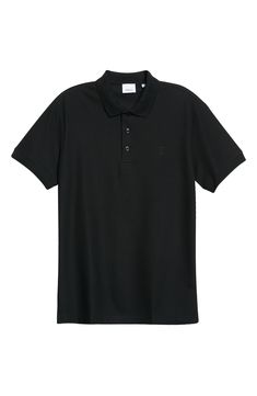 An embroidered emblem featuring founder Thomas Burberry's interlocking initials details this soft cotton-jersey polo. 28 1/2" length Button half-placket Johnny collar Short sleeves 100% cotton Machine wash, dry flat Imported Men's Designer Clothing Luxury Black Polo Shirt With Short Sleeves, Classic Black Polo Shirt With Button Closure, Classic Polo Shirt With Embroidered Logo For Work, Luxury Black Polo Shirt With Button Closure, Designer Black Cotton Polo Shirt, Burberry Tshirt Men, Luxury Black Polo Collar T-shirt, Johnny Collar, Half Sleeve Shirts