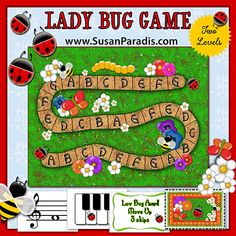 lady bug game is shown with flowers and bugs on the board, along with music notes