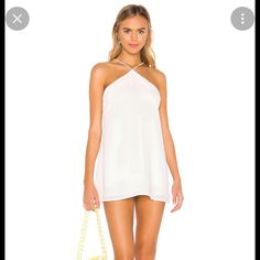 Superdown White Swing Dress White Halter Dress For Spring Night Out, White Mini-length Halter Dress For Brunch, White Mini Halter Dress For Brunch, White Halter Dress For Spring Brunch, Asymmetric Ruffle Dress, White Sequin Dress, Frill Mini Dress, Sparkly Mini Dress, Deep V Dress