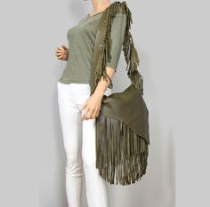 Boho Style Shoulder Bag, Gift For Her, Unique boho fringe olive green bag. - The craftsmanship of this bag is made with much love and care. - Very nice an good quality bag for everyday use. - This crossbody bag is the perfect size to carry your daily essentials in style! - Top zipper closure. - Outer slip pocket on the back. - Includes internal pockets for mobile phone and other small items. dimensions: height: 27 cm (10.6 in) width: 34 cm (13.4 in) strap: 105-107.5 cm (41-42 in) Visit my store. Bohemian Green Bag With Fringe, Green Fringe Shoulder Bag For Everyday Use, Green Bag With Tassels For Everyday Use, Green Bags With Tassels For Everyday Use, Green Tassel Bags For Everyday Use, Green Tassel Bag For Everyday Use, Mode Boho, Boho Fringe, Fringe Bags