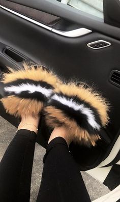 Flip Flops Women, Grey Shoes, Fur Slides, Fox Fur