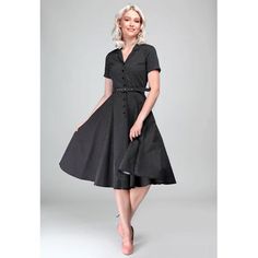 The prim and proper 1950s housewife look, but with a contemporary edge. This classic shirt dress has a flattering open neck style and notched collar detail, and wooden buttons fastening the center front. A cute slide belt backed with PU cinches in your waist, and the sleeves have slim cuffs. The fabulously full swing skirt accommodates a petticoat, should you wish to wear one, but looks equally beautiful without one. And best of all, the skirt contains side seam pockets! Cute Slides, Classic Shirt Dress, King Louie, Open Neck