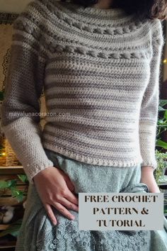 a woman is wearing a sweater with the words free crochet pattern and it's journal