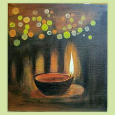 an oil painting of a lit candle on a table with boket lights in the background