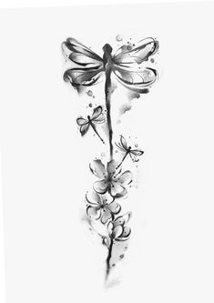 a black and white drawing of a dragonfly sitting on top of a flower branch