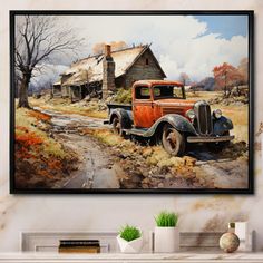 an old red truck parked in front of a house on the side of a road