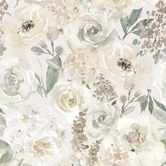 a floral wallpaper with white flowers and green leaves on the bottom half of it