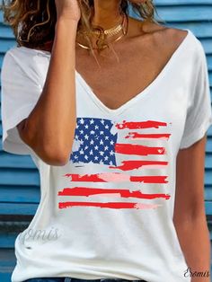 Eromis - Patriotic Emblem Tee for Independence Day: Stylish and Comfortable Round Neck T-shirt for Women White T-shirt With American Flag Print For Spring, Casual White Shirt With American Flag Print, White Shirt With Flag Print For Spring, Cotton V-neck Top With American Flag Print, Spring White Shirt With Flag Print, White Tops With American Flag Print For Independence Day, White Shirt With American Flag Print For Summer, Summer V-neck T-shirt With American Flag Print, White Shirt With American Flag Print For Memorial Day