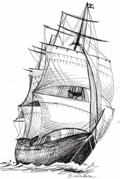 a black and white drawing of a sailboat