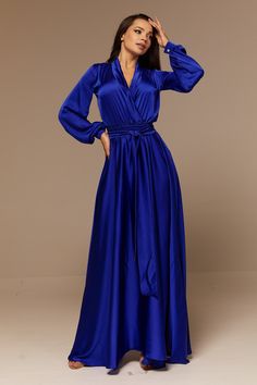 Dark Blue Silk Dresses at Lorraine Whitson blog Blue Satin Dress Long, Blue Satin Dresses, Dark Blue Silk Dress, Royal Blue Silk Dress, Royal Blue Satin Dress, Luxury Wrap, Satin Long Sleeve Dress, Maxi Dress Silk, Collar Maxi Dress