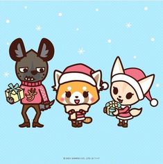 three cartoon animals with christmas hats on and one holding a gift box in their hands