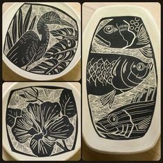 three plates with fish and flowers on them