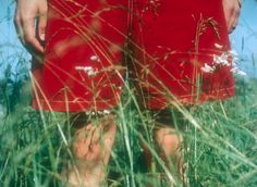 a person standing in tall grass wearing red shorts