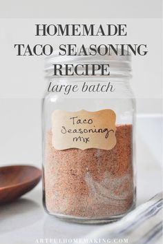 homemade taco seasoning recipe in a glass jar with a tag on the lid