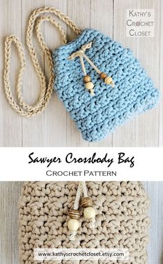 the crochet bag is made with two different colors and features wooden beads on each side