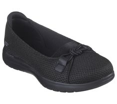 Stylish and versatile comfort combine in Skechers On-the-GO Flex - Peony. This skimmer style features a mesh upper with a knot detail, high-rebound Skechers Air-Cooled Goga Mat insole, and lightweight ULTRA GO cushioning. | Skechers Women's On-the-GO Flex - Peony Flats | Medium Width | Skechers Air-Cooled Goga Mat breathable insole with high-rebound cushioning | Lightweight, responsive ULTRA GO cushioning | Crafted with 100% vegan materials | Mesh upper with knot detail | Flexible traction outso Cute Comfy Shoes, Year Goals, Yoga Shoes, Shoes Skechers, Skechers Bobs, Stitch Fix Stylist, Wide Shoes, Mary Jane Flats, Skechers Women