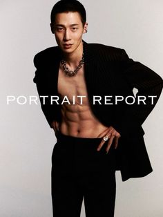 a shirtless man in a black suit with his hands on his hips and the words portrait report above him