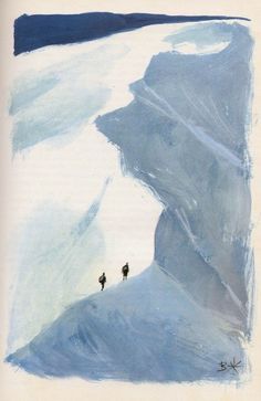 two people are standing on top of a snowy mountain