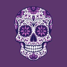 a purple and white sugar skull with flowers on it's head, against a purple background