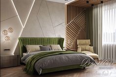 a bedroom with a green headboard and white curtains